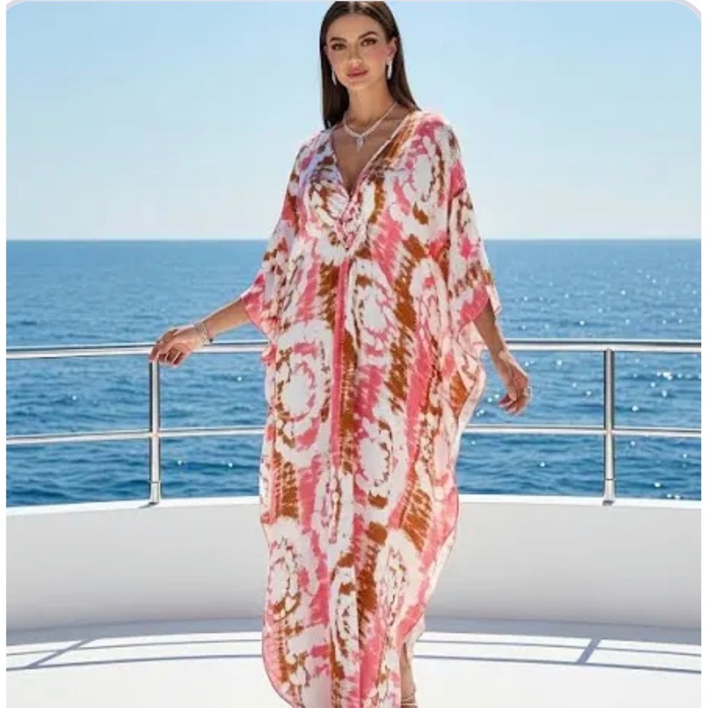 Womens Tie Dye Maxi Kaftan Dress V-Neck Pink Brown One Size Viscose Loungewear